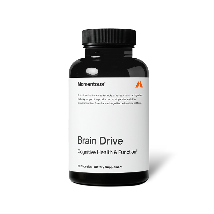 Bottle of Brain Drive dietary supplement by Momentous for cognitive health and function with 60 capsules in black container and minimalist white label design.