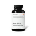 Bottle of Brain Drive dietary supplement by Momentous for cognitive health and function with 60 capsules in black container and minimalist white label design.
