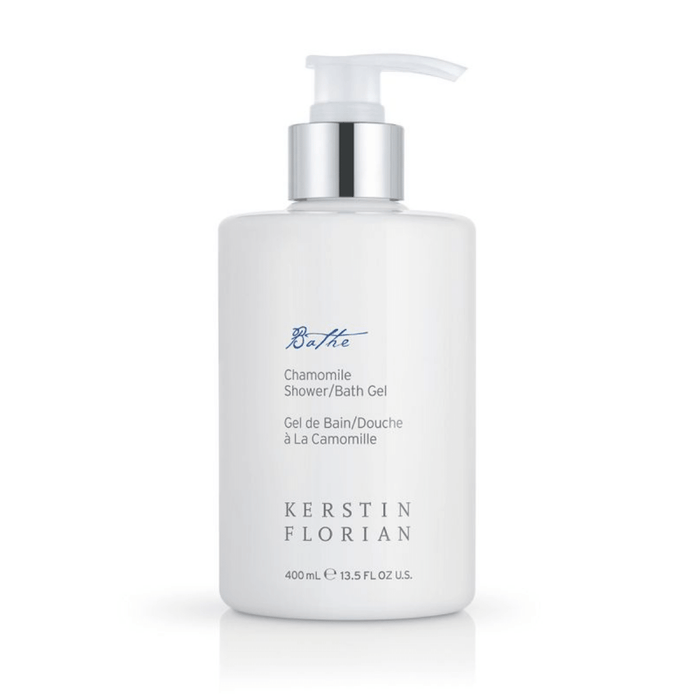 Bottle of Chamomile Shower/Bath Gel | Kerstin Florian with a white pump dispenser, designed for gentle skincare and body care.