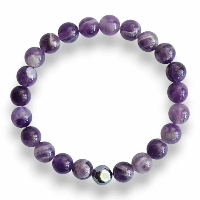 Handmade purple amethyst beaded bracelet with silver Hematite cube on stretch cord