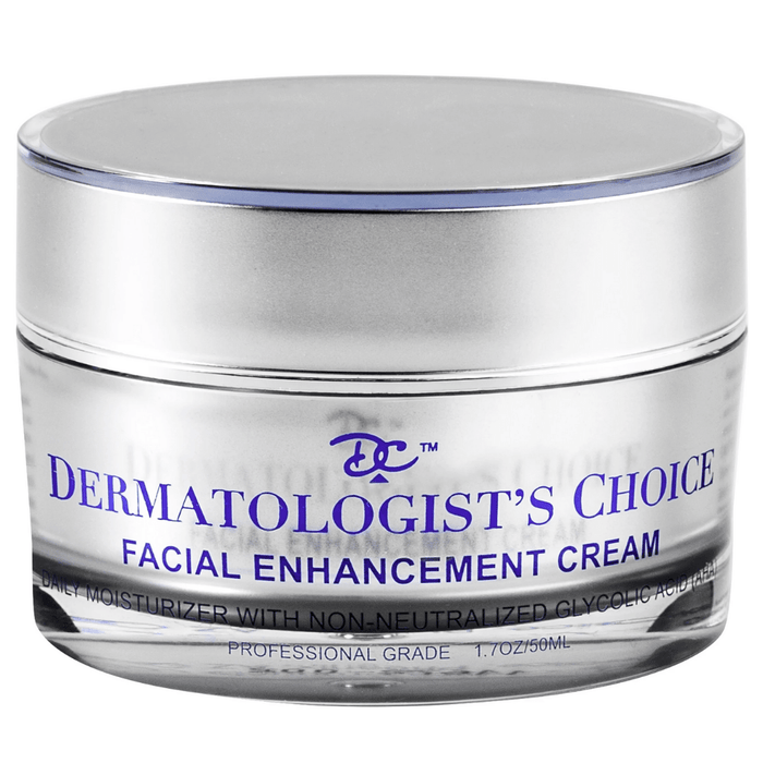 Jar of Facial Enhancement Cream Mild Glycolic Daily Moisturizer | Dermatologist's Choice with silver lid, designed for skincare and daily facial hydration.