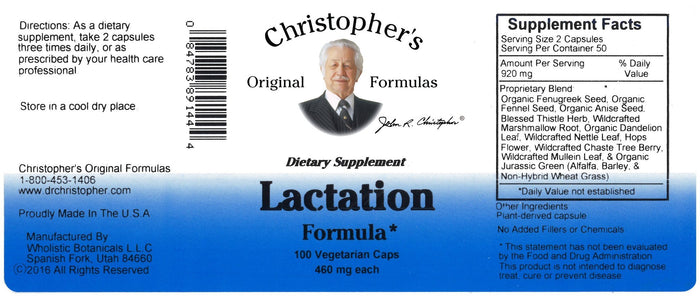 Lactation Formula - 100 Capsules - Christopher's Herb Shop