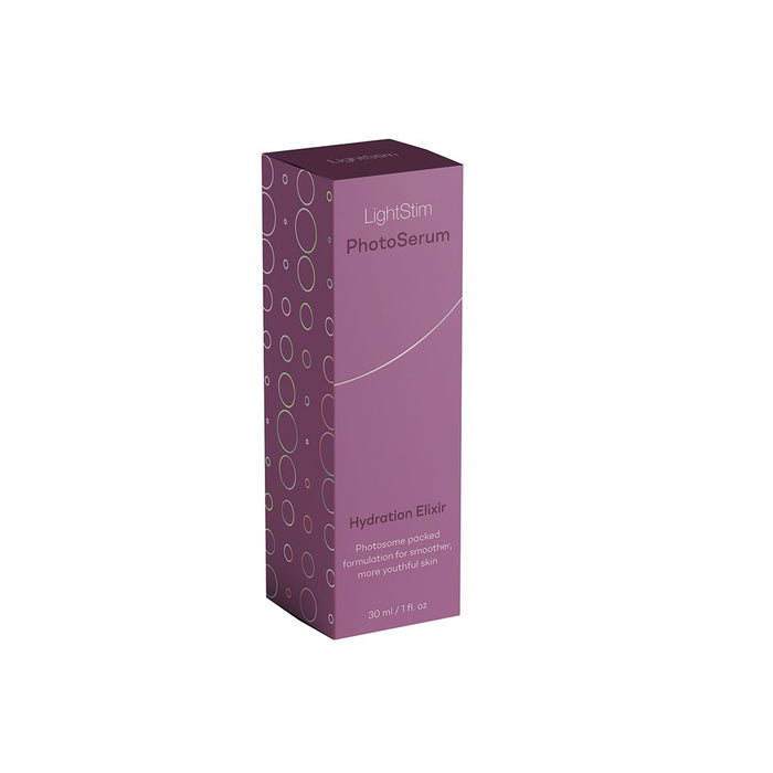 Packaging of LightStim PhotoSerum | LightStim Hydration Elixir in a sleek purple box designed for skincare and wellness supplements.