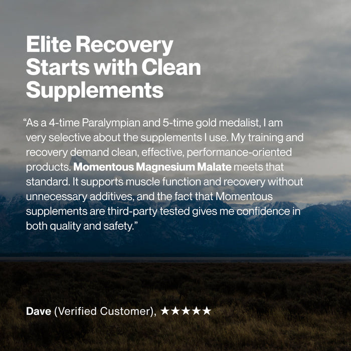 Testimonial from a verified customer named Dave endorsing Magnesium Malate as a clean, effective wellness supplement for muscle function and recovery.