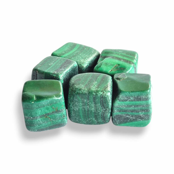 Malachite polished cubes, deep green natural stone with banded light and dark swirls