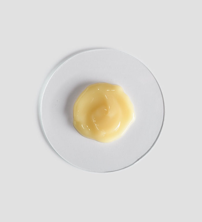 Creamy pale yellow skincare product sample on a clear round dish representing Sacred Nature Exfoliant Mask | [ comfort zone ] in a minimal white background setting