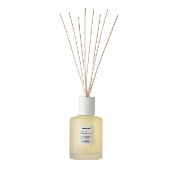 Minimalist reed diffuser with light yellow liquid in frosted glass bottle, styled for calming ambiance and wellness, Tranquillity Home Fragrance | [ comfort zone ].