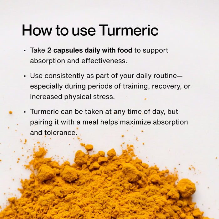 Instructions on how to use Turmeric capsules for wellness, emphasizing taking two capsules daily with food for better absorption, alongside a pile of vibrant turmeric powder.