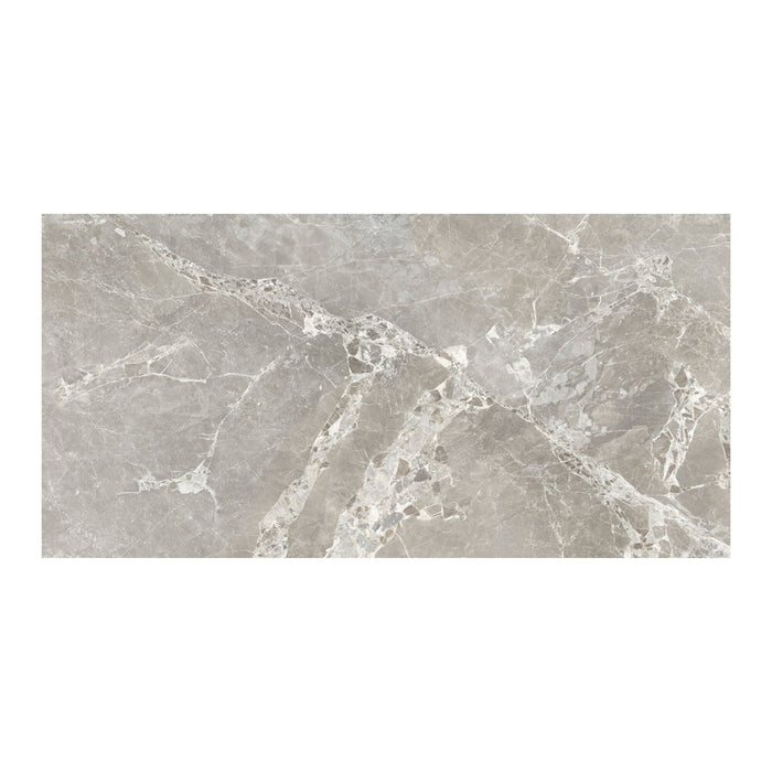 Grey marble effect tile with veining pattern on a white background