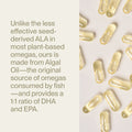 Clear softgel capsules of Vegan Omega-3 dietary supplement displayed next to text explaining it is made from algal oil providing a balanced 1:1 ratio of DHA and EPA omega fatty acids.