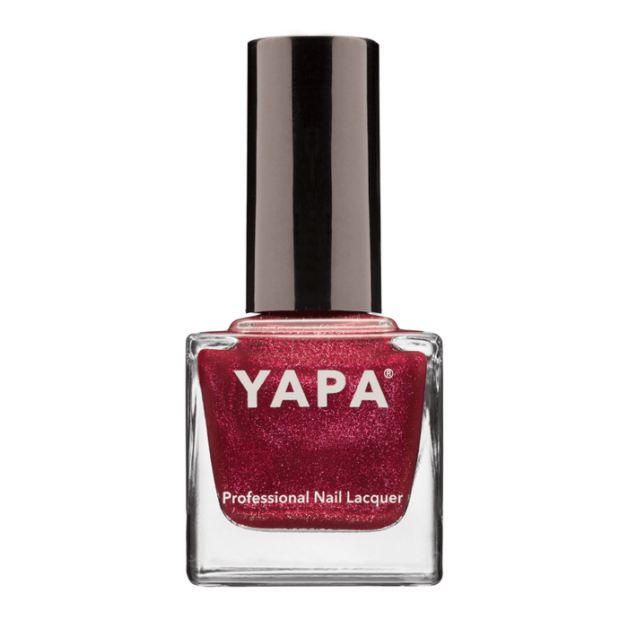 Vivian Nail Lacquer | YAPA in a shimmering deep red shade, featuring a sleek black cap and clear glass bottle for a professional manicure finish.