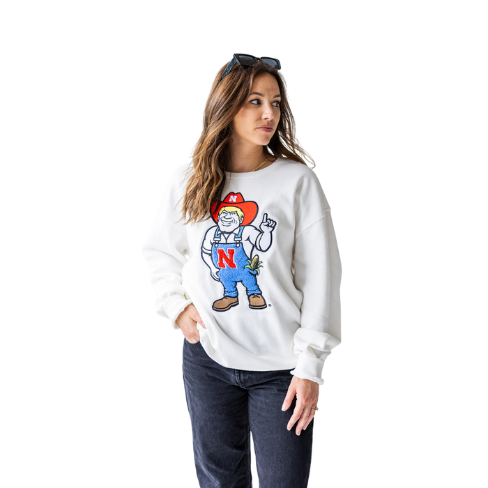 Women's Nebraska Huskers Mascot Chenille Sweatshirt - WHT - NEBRASKA