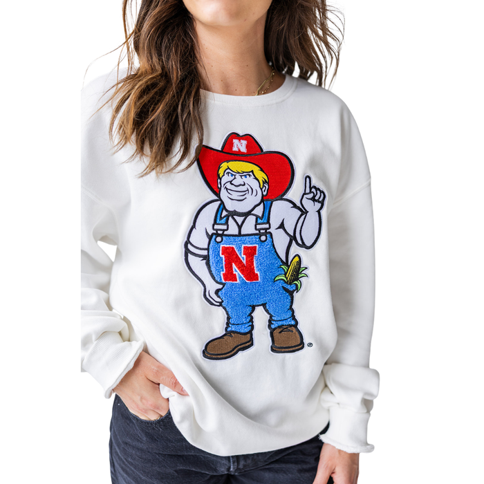 Women's Nebraska Huskers Mascot Chenille Sweatshirt - WHT - NEBRASKA